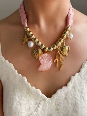 Pink Resin Conch Golden Starfish Shell Pendant Necklace